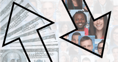 Arrow pointing up with money, arrow pointing down with people